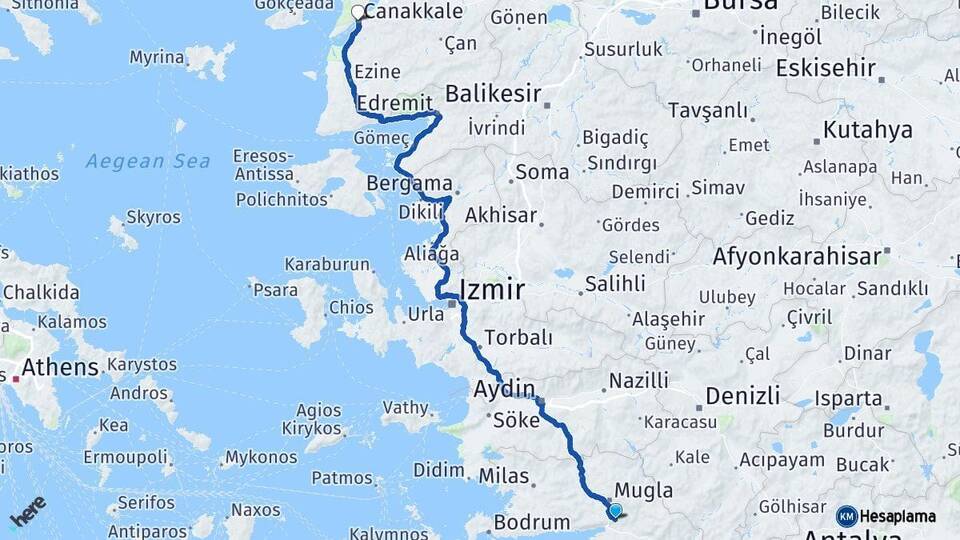 Muğla Ula Çanakkale Arası Kaç Km - Yol Haritası