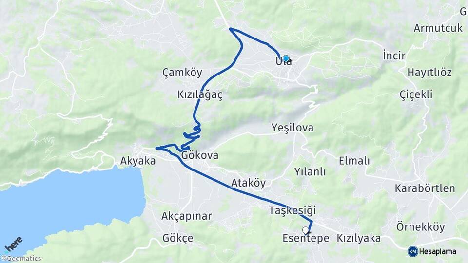 Muğla Ula Esentepe Ula Arası Kaç Km - Yol Haritası