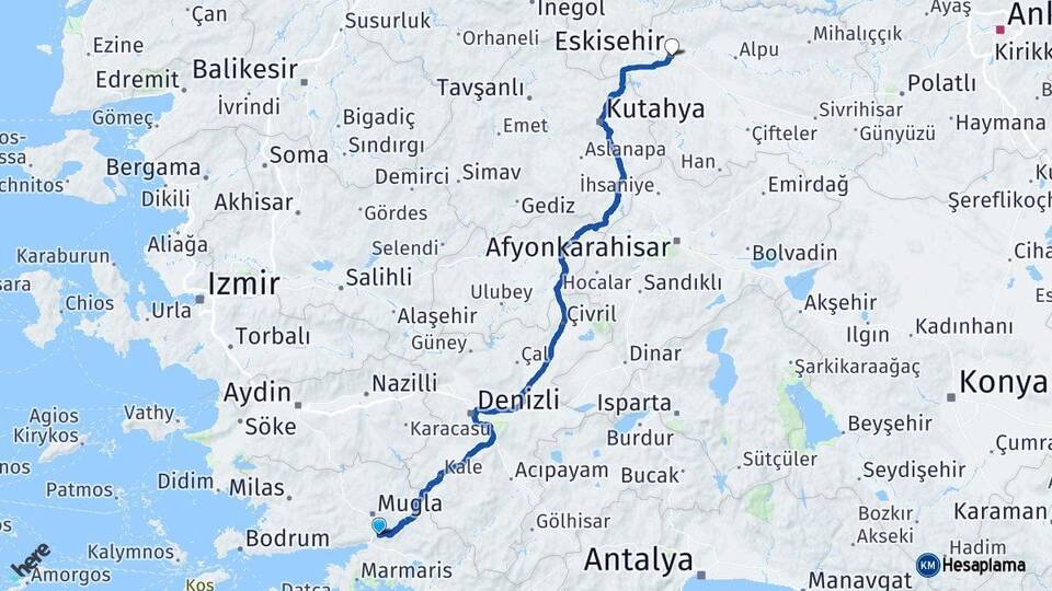 Muğla Ula Eskişehir Arası Kaç Km - Yol Haritası