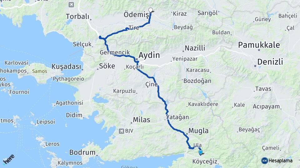 Muğla Ula Karabörtlen Ödemiş İzmir Arası Kaç Km - Yol Haritası