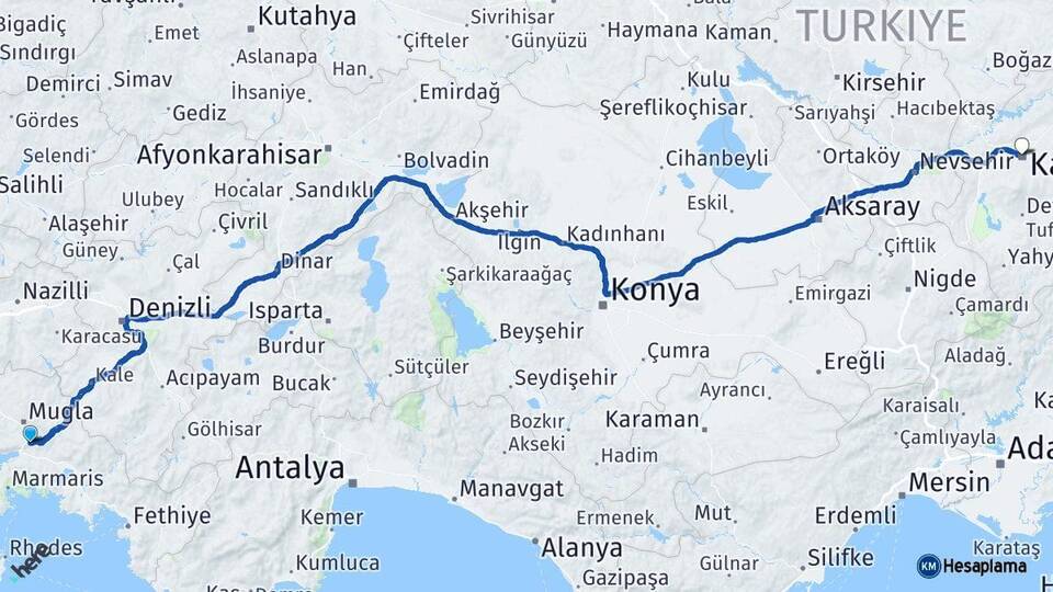 Muğla Ula Kayseri Arası Kaç Km - Yol Haritası