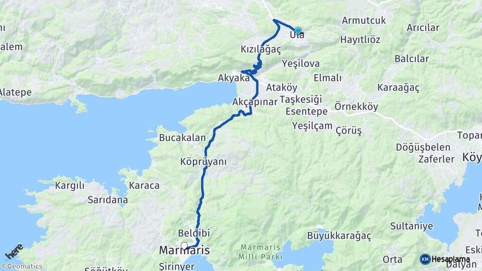 Muğla Ula Marmaris Arası Kaç Km - Yol Haritası
