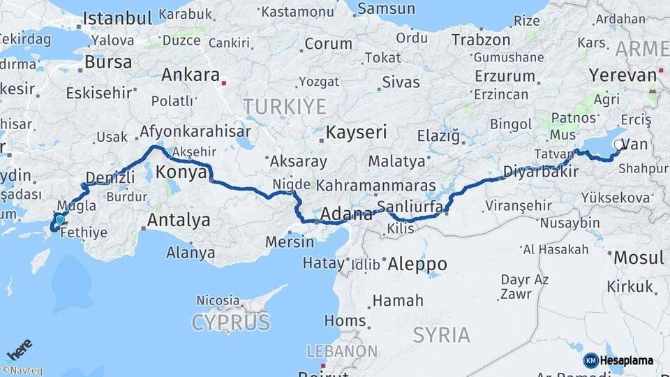 Muğla Van Arası Kaç Km - Yol Haritası