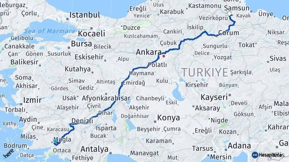 Muğla Vezirköprü Samsun Arası Kaç Km - Yol Haritası