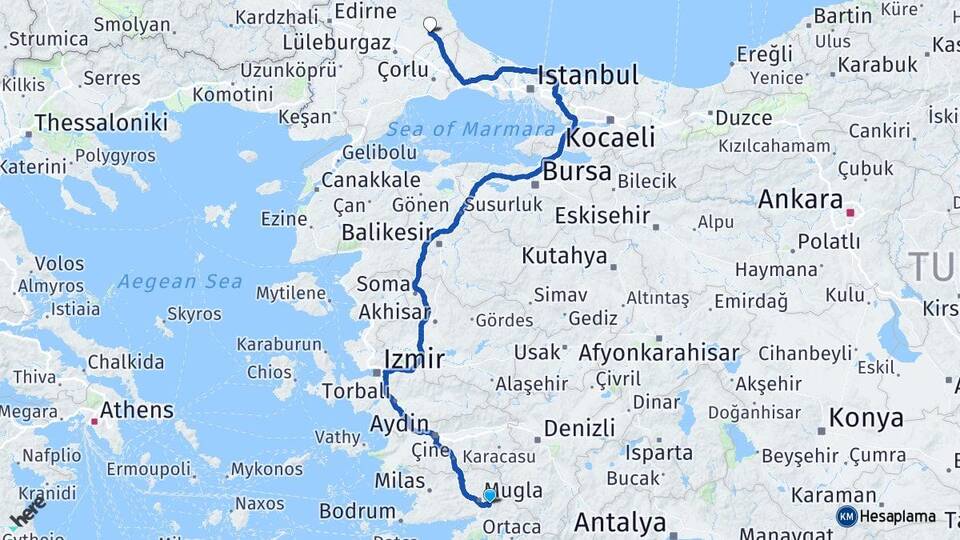 Muğla Vize Kırklareli Arası Kaç Km - Yol Haritası