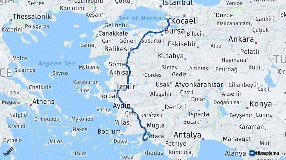 Muğla Yalova Arası Kaç Km - Yol Haritası