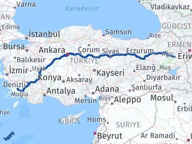 Muğla Yatağan Ağrı Arası Kaç Km - Yol Haritası