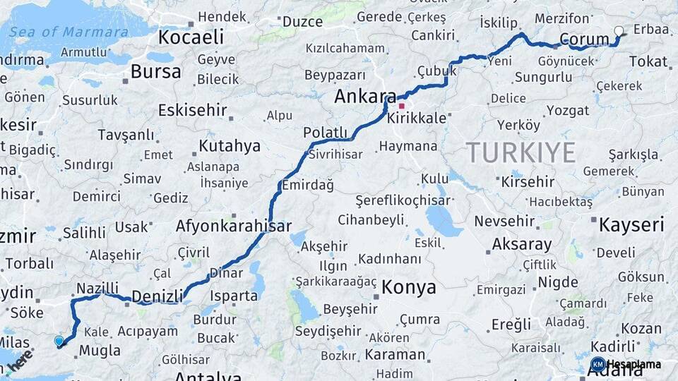 Muğla Yatağan Amasya Arası Kaç Km - Yol Haritası
