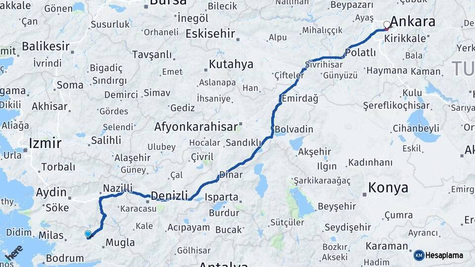 Muğla Yatağan Ankara Arası Kaç Km - Yol Haritası
