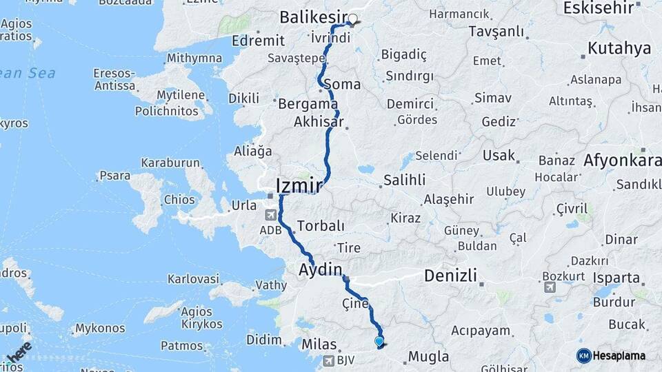 Muğla Yatağan Balıkesir Arası Kaç Km - Yol Haritası