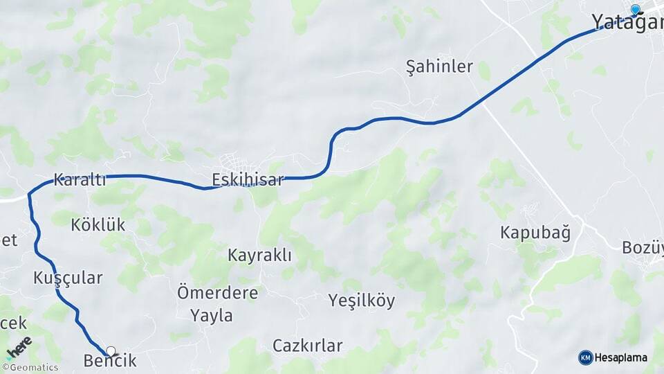 Muğla Yatağan Bencik Yatağan Arası Kaç Km - Yol Haritası
