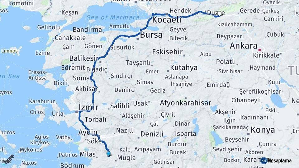 Muğla Yatağan Bolu Arası Kaç Km - Yol Haritası