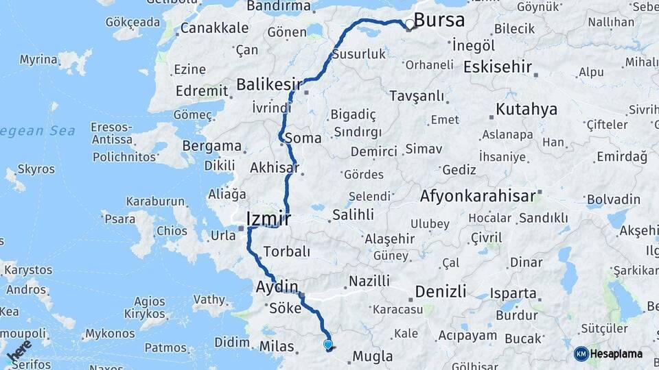 Muğla Yatağan Bursa Arası Kaç Km - Yol Haritası