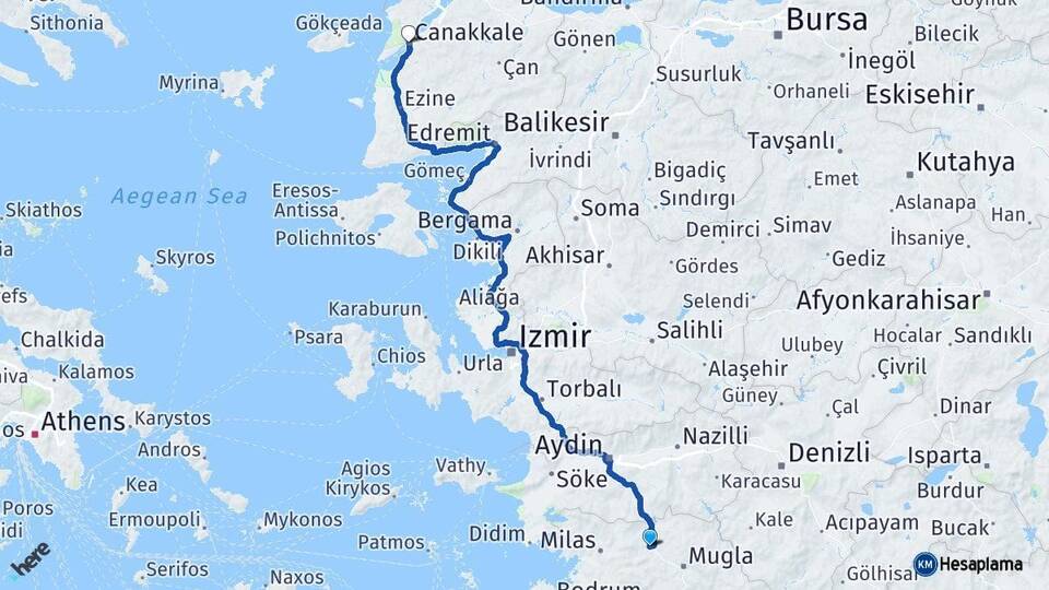 Muğla Yatağan Çanakkale Arası Kaç Km - Yol Haritası