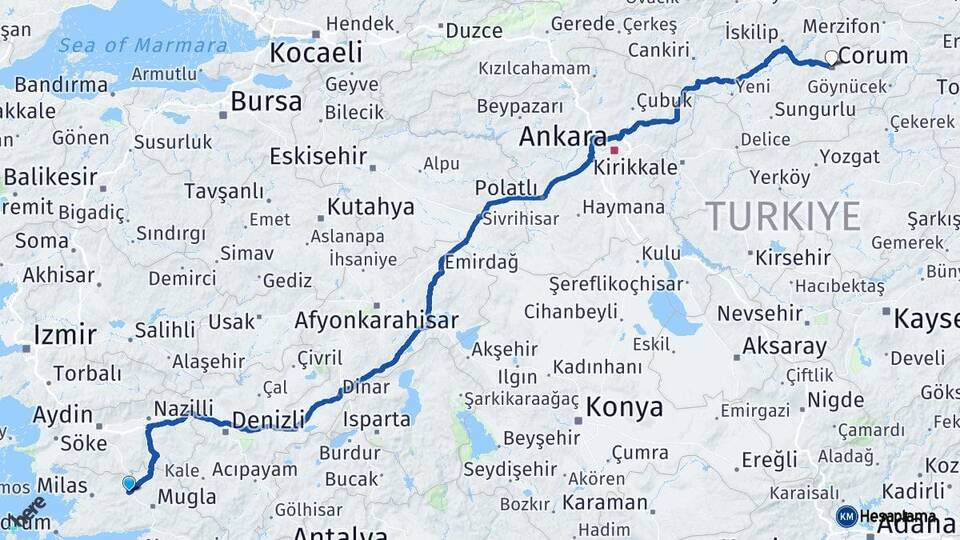 Muğla Yatağan Çorum Arası Kaç Km - Yol Haritası