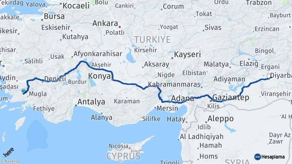 Muğla Yatağan Diyarbakır Arası Kaç Km - Yol Haritası
