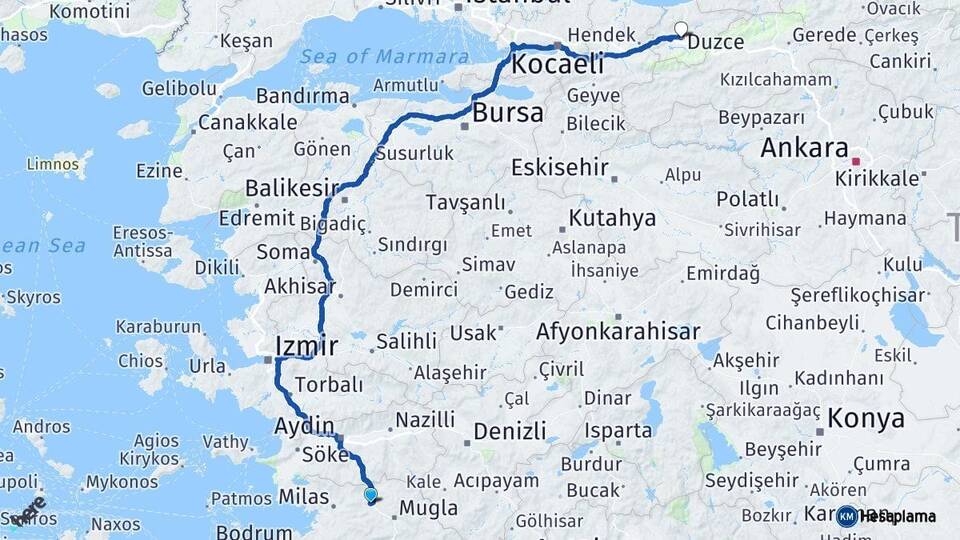 Muğla Yatağan Düzce Arası Kaç Km - Yol Haritası