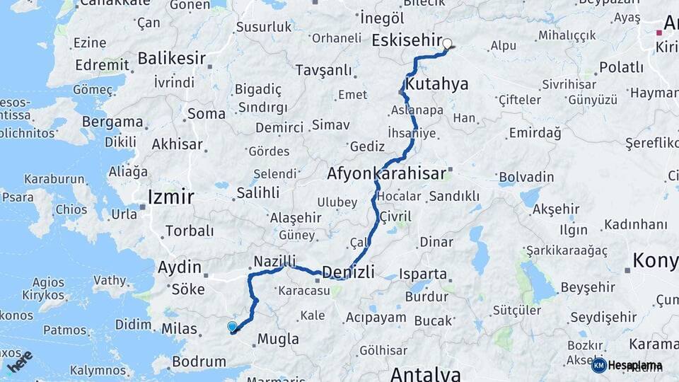 Muğla Yatağan Eskişehir Arası Kaç Km - Yol Haritası