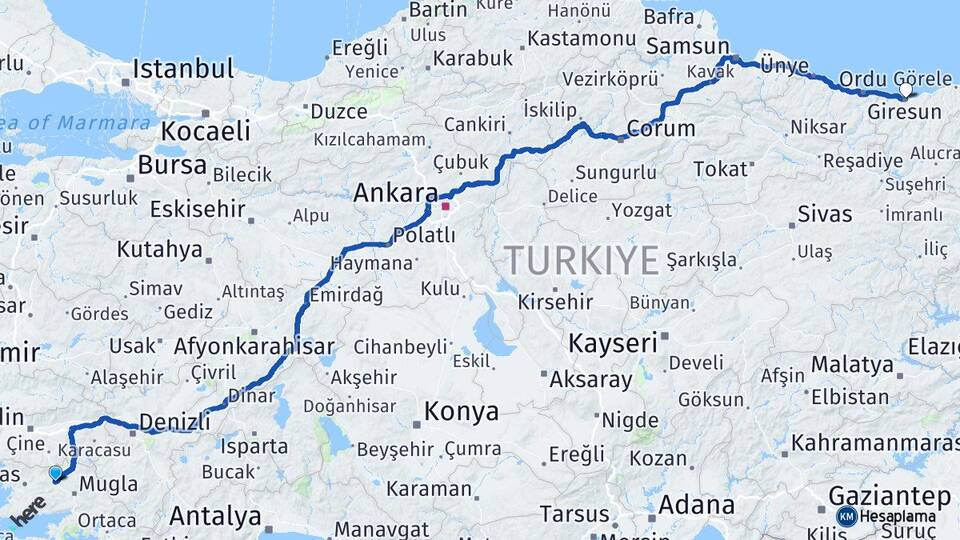 Muğla Yatağan Giresun Arası Kaç Km - Yol Haritası