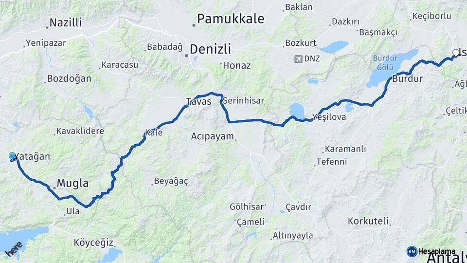 Muğla Yatağan Isparta Arası Kaç Km - Yol Haritası