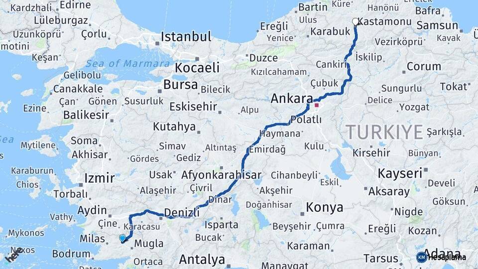 Muğla Yatağan Kastamonu Arası Kaç Km - Yol Haritası