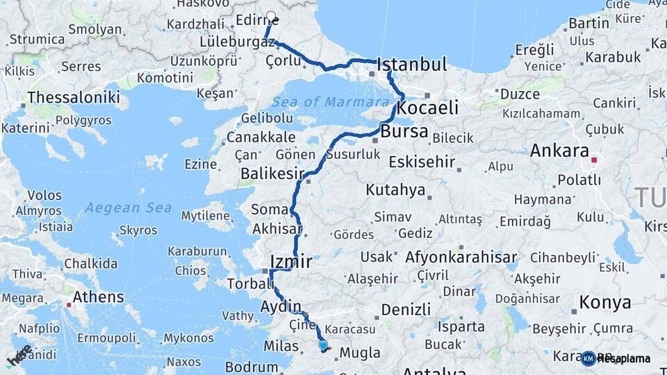 Muğla Yatağan Kırklareli Arası Kaç Km - Yol Haritası