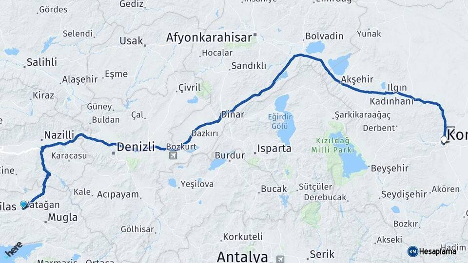 Muğla Yatağan Konya Arası Kaç Km - Yol Haritası