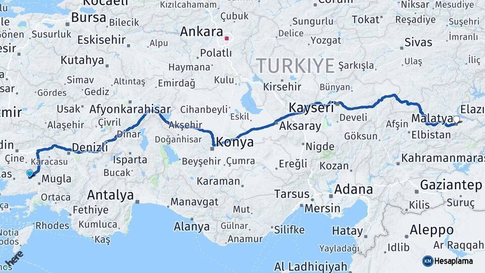 Muğla Yatağan Malatya Arası Kaç Km - Yol Haritası