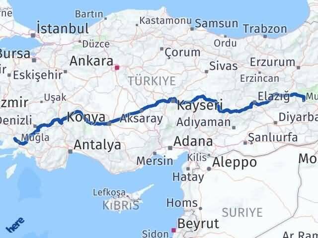 Muğla Yatağan Muş Arası Kaç Km - Yol Haritası