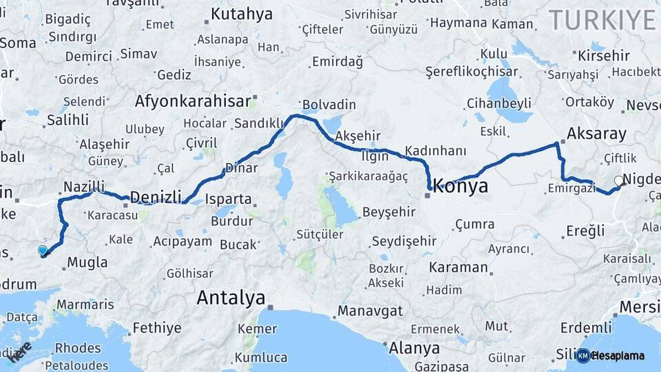 Muğla Yatağan Niğde Arası Kaç Km - Yol Haritası