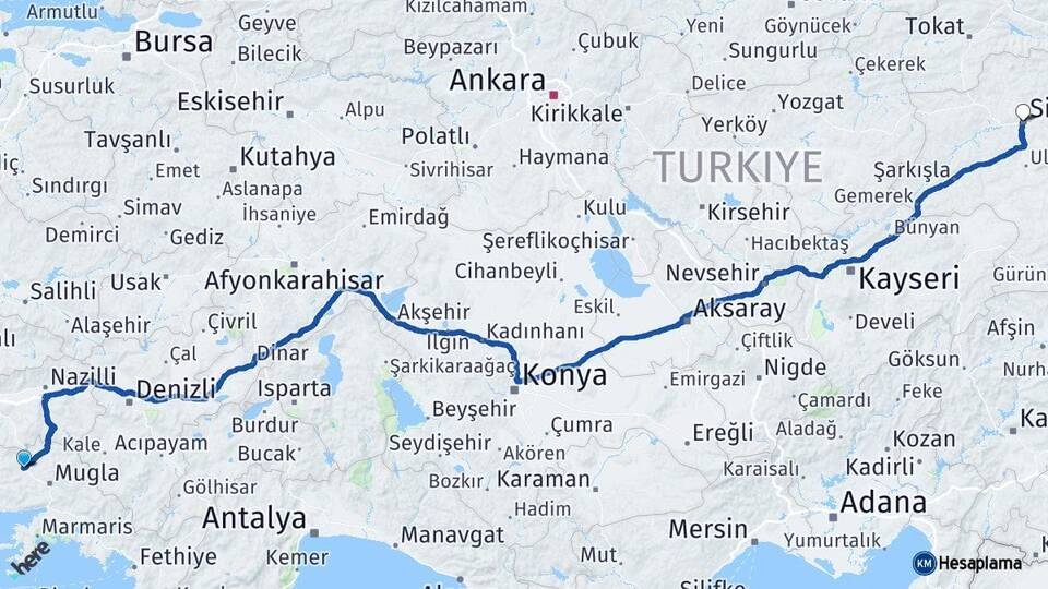 Muğla Yatağan Sivas Arası Kaç Km - Yol Haritası