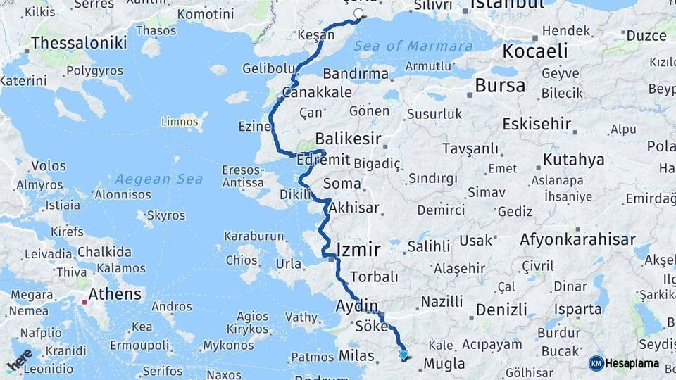 Muğla Yatağan Tekirdağ Arası Kaç Km - Yol Haritası