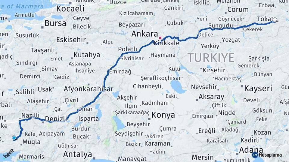 Muğla Yatağan Tokat Arası Kaç Km - Yol Haritası