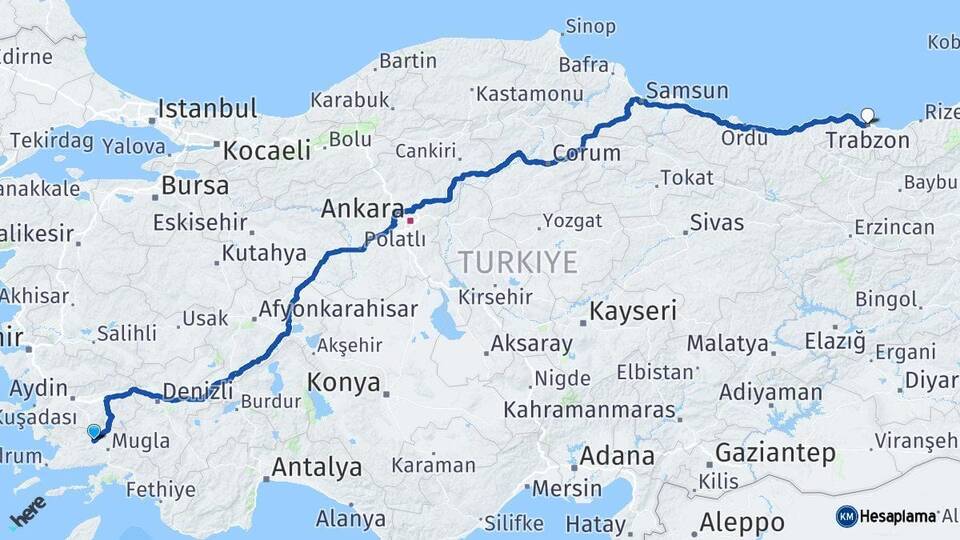 Muğla Yatağan Trabzon Arası Kaç Km - Yol Haritası