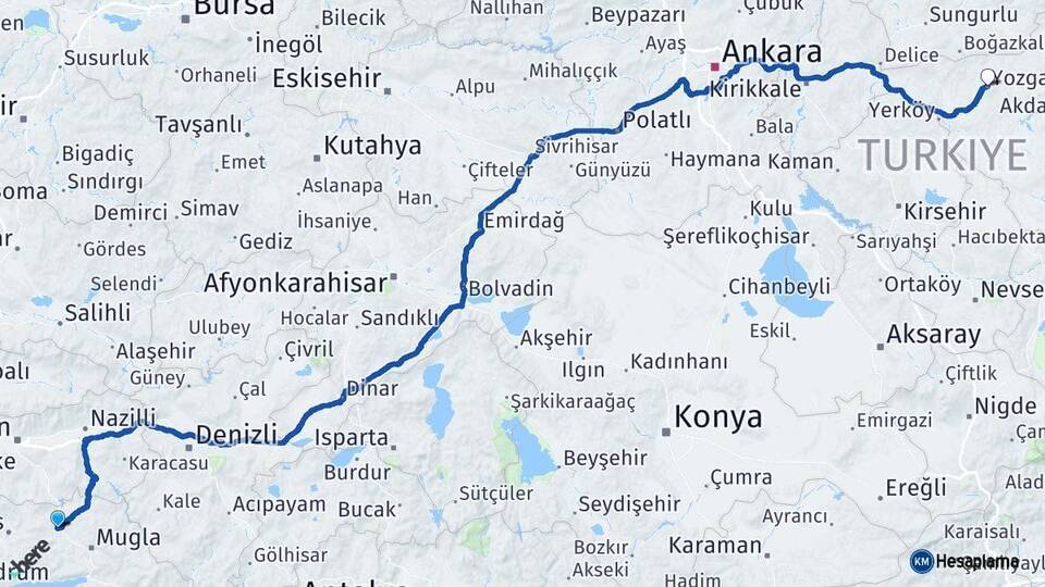 Muğla Yatağan Yozgat Arası Kaç Km - Yol Haritası