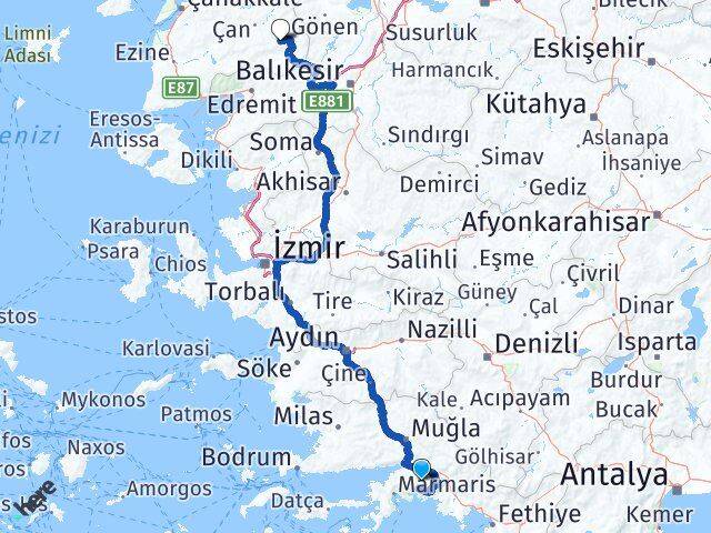 Muğla Yenice Çanakkale Arası Kaç Km - Yol Haritası