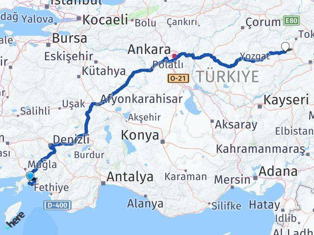 Muğla Yeşilyurt Tokat Arası Kaç Km - Yol Haritası