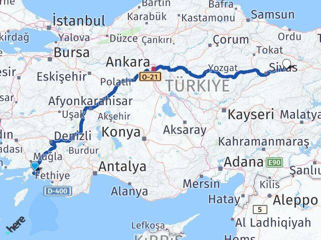 Muğla Zara Sivas Arası Kaç Km - Yol Haritası