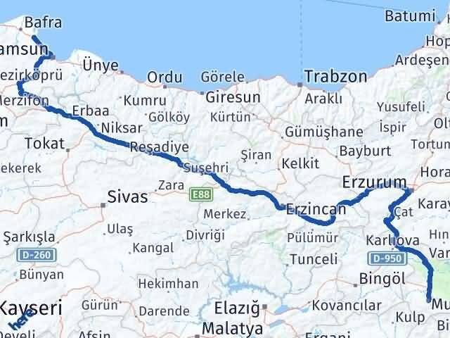 Muş 19 Mayıs Samsun Arası Kaç Km - Yol Haritası
