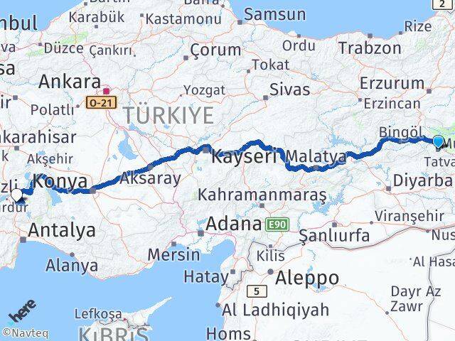 Muş Ağlasun Burdur Arası Kaç Km - Yol Haritası