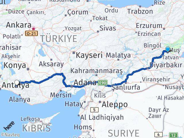 Muş Akseki Antalya Arası Kaç Km - Yol Haritası