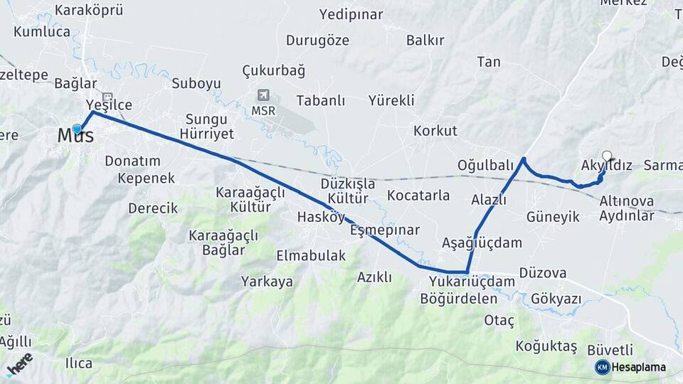 Muş Akyıldız Korkut Arası Kaç Km - Yol Haritası
