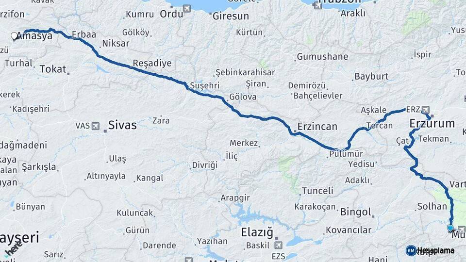 Muş Amasya Arası Kaç Km - Yol Haritası