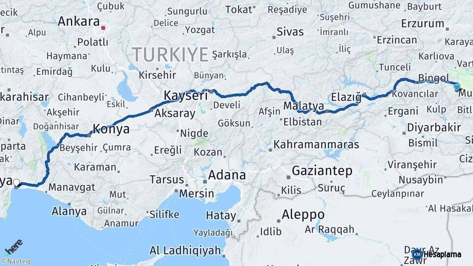 Muş Antalya Arası Kaç Km - Yol Haritası
