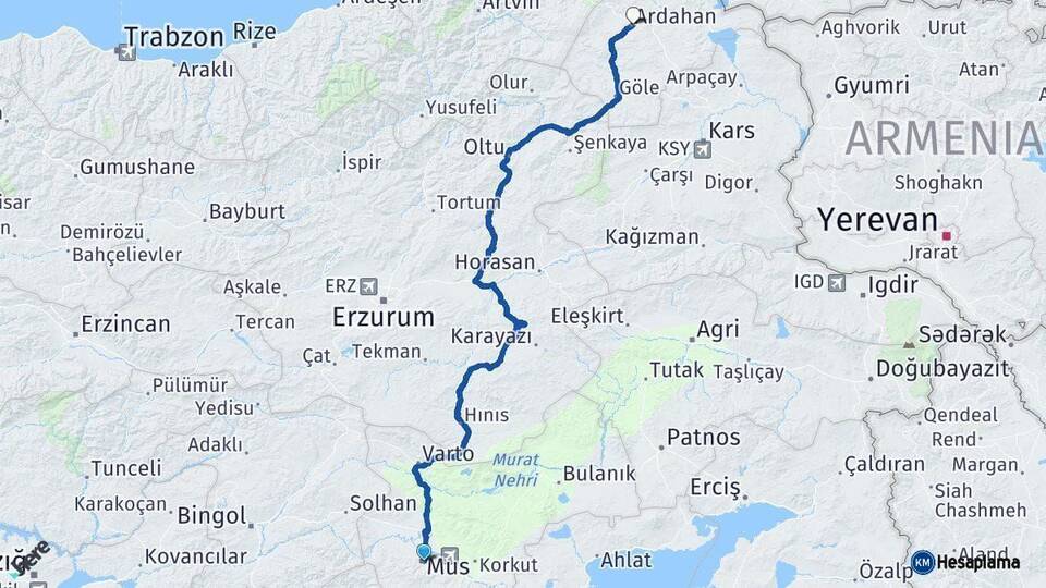Muş Ardahan Arası Kaç Km - Yol Haritası