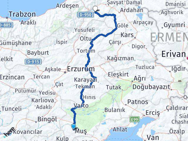 Muş Ardanuç Artvin Arası Kaç Km - Yol Haritası