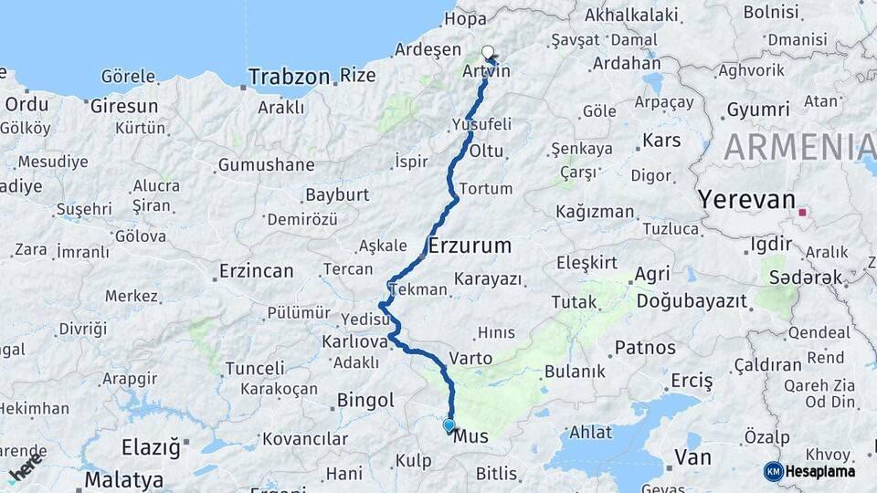 Muş Artvin Arası Kaç Km - Yol Haritası