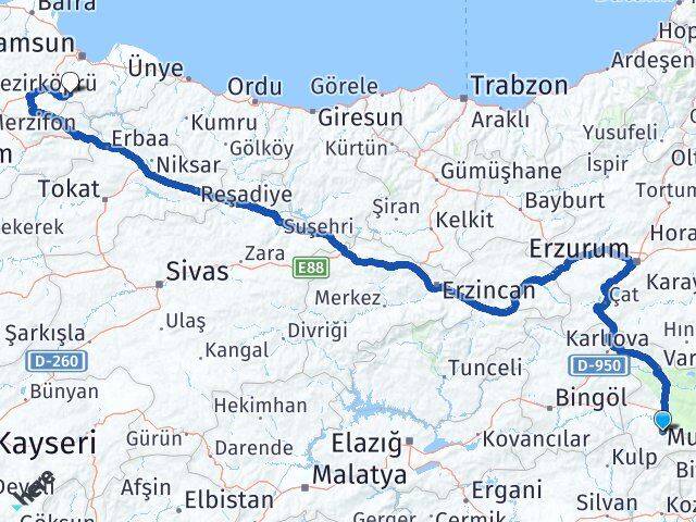 Muş Asarcık Samsun Arası Kaç Km - Yol Haritası