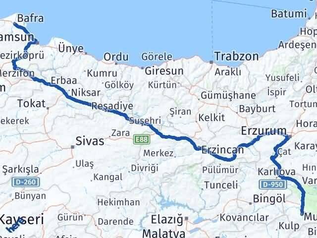 Muş Bafra Samsun Arası Kaç Km - Yol Haritası