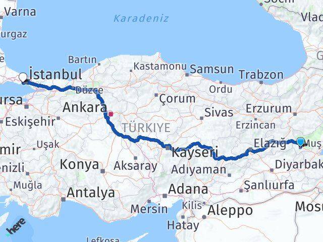 Muş Bakırköy İstanbul Arası Kaç Km - Yol Haritası